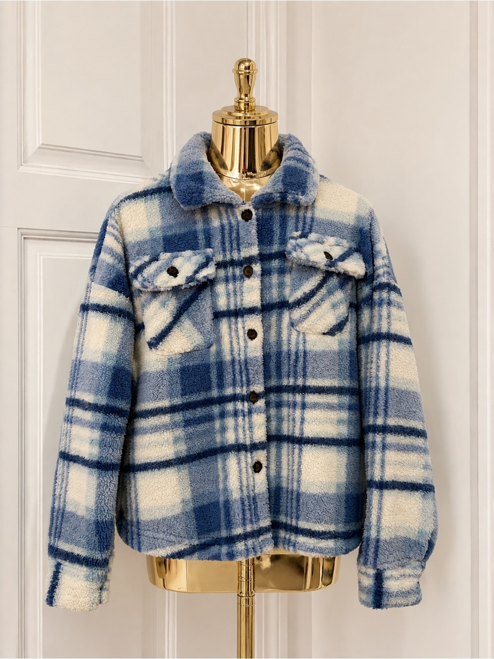 Sincerely Jules Blue & Cream Plaid Sherpa Jacket